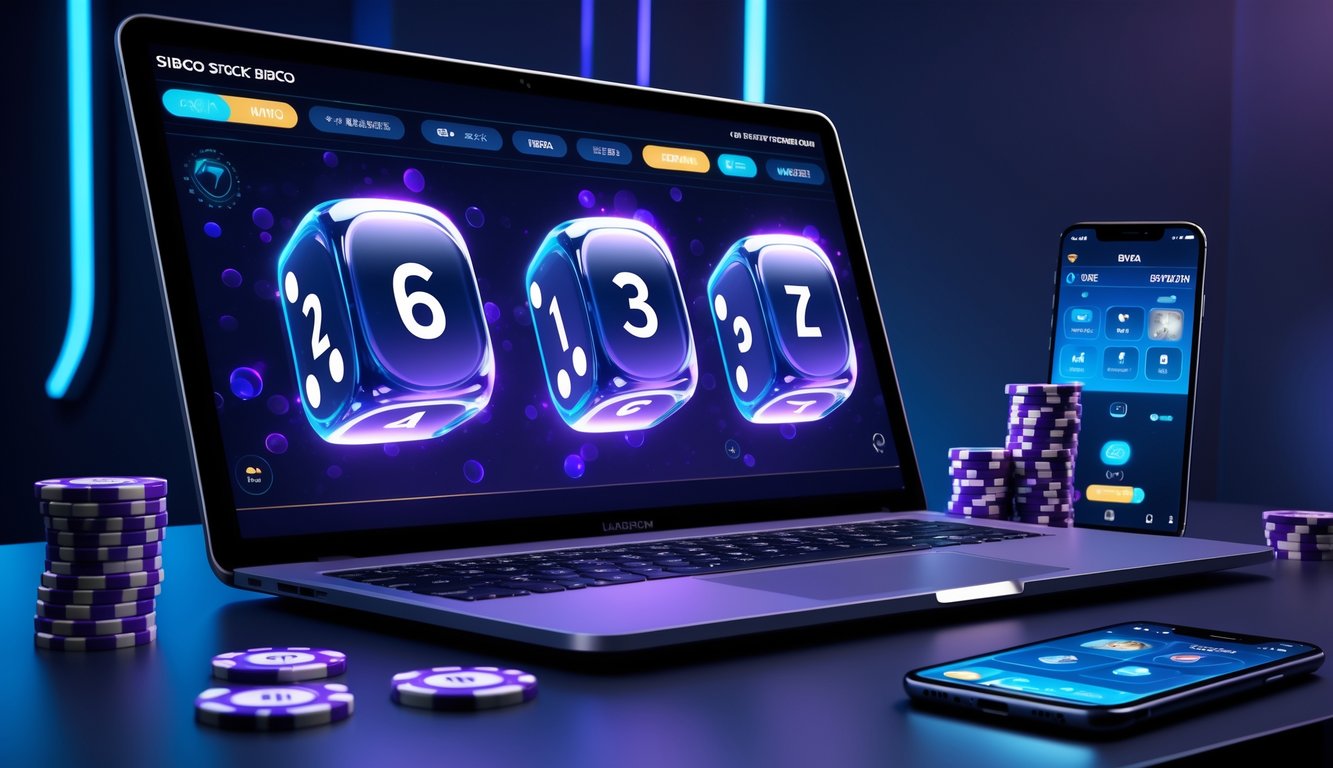 Layar laptop menampilkan permainan Sicbo online dengan tiga dadu transparan sedang bergulir, dikelilingi chip kasino dan ponsel di meja.