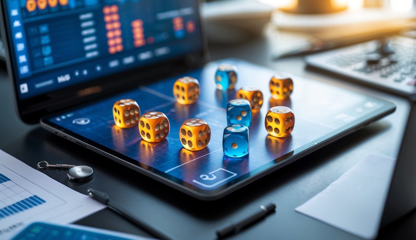 Seseorang menggunakan laptop atau tablet yang menampilkan permainan Sicbo online dengan dadu dan grafik pola permainan di sekitarnya.