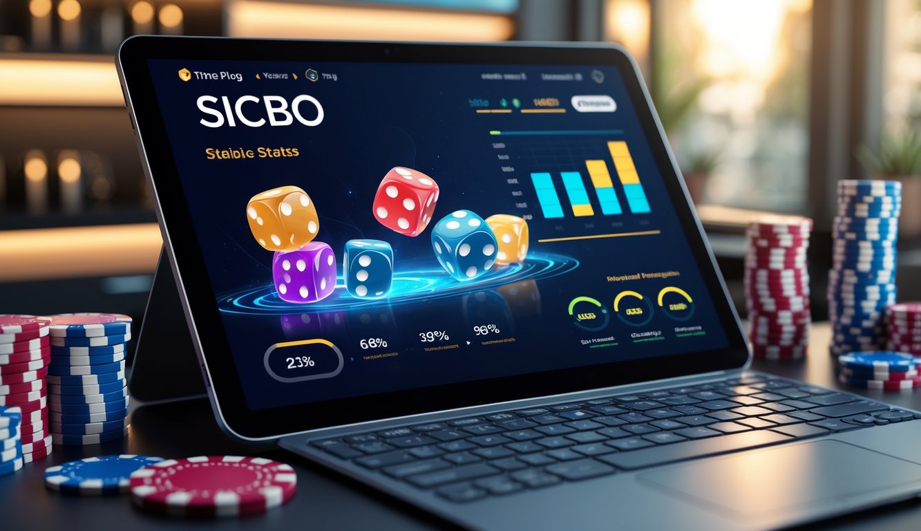 Layar komputer menampilkan animasi dadu dan grafik statistik dengan latar meja dan chip kasino.