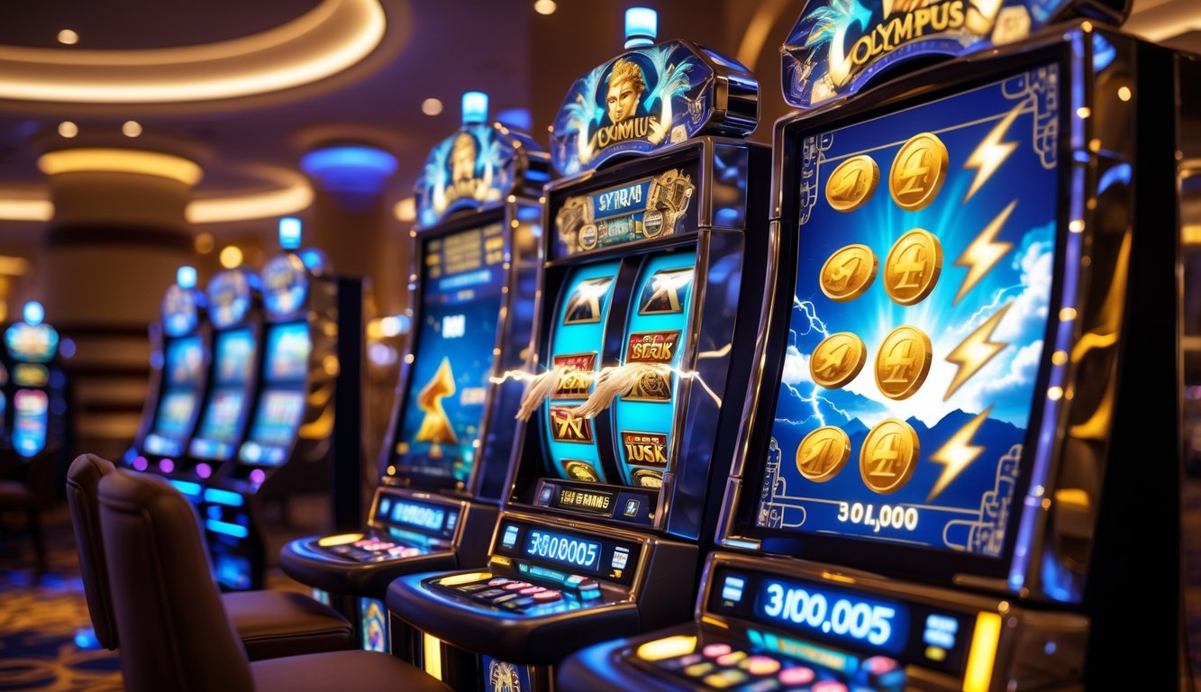 Mesin slot modern dengan simbol petir dan koin emas di latar kasino mewah yang menampilkan suasana kemenangan besar.