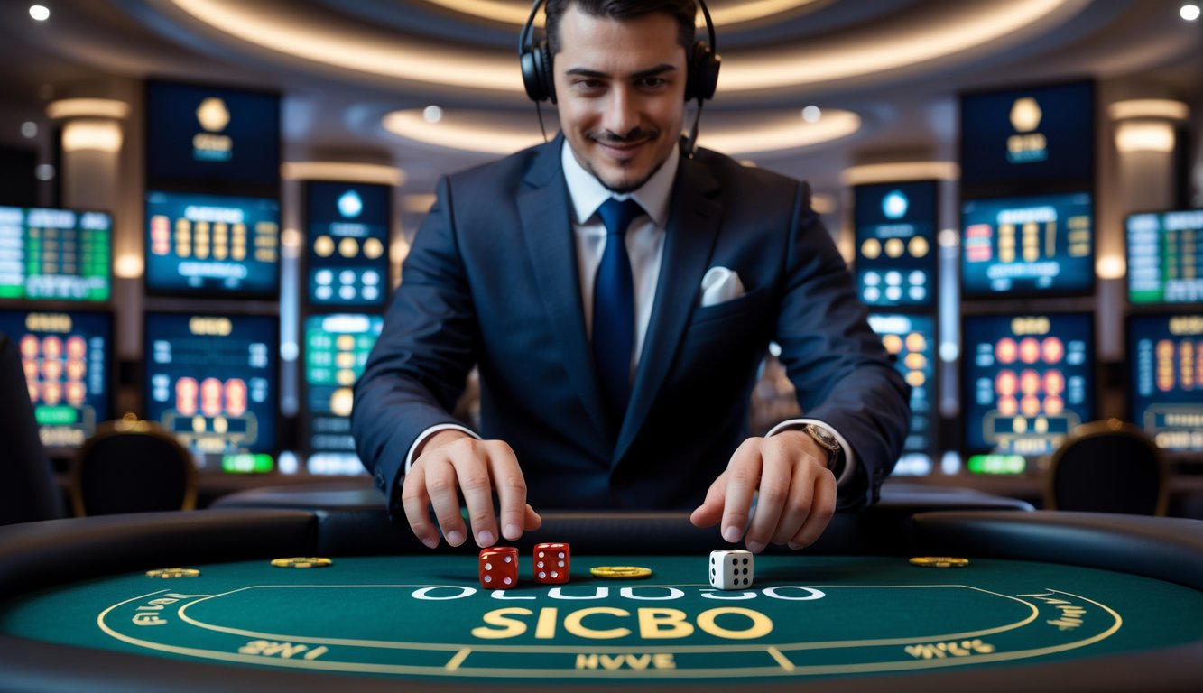 Seorang dealer profesional sedang mengelola meja dadu Sicbo online dengan latar belakang kasino modern.