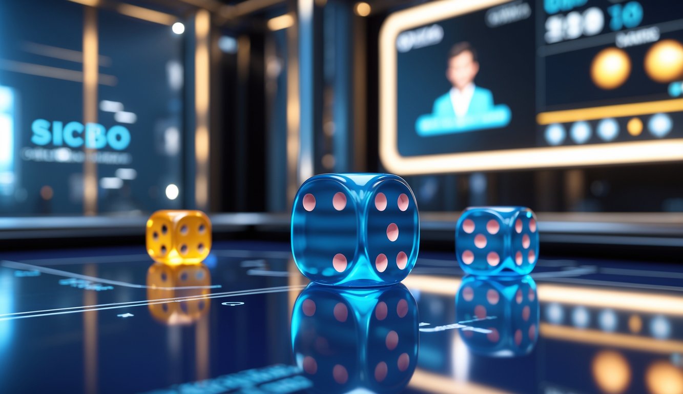 Adegan permainan Sicbo online dengan dadu digital yang terlihat jelas di atas meja virtual dan tampilan streaming langsung dengan dealer.