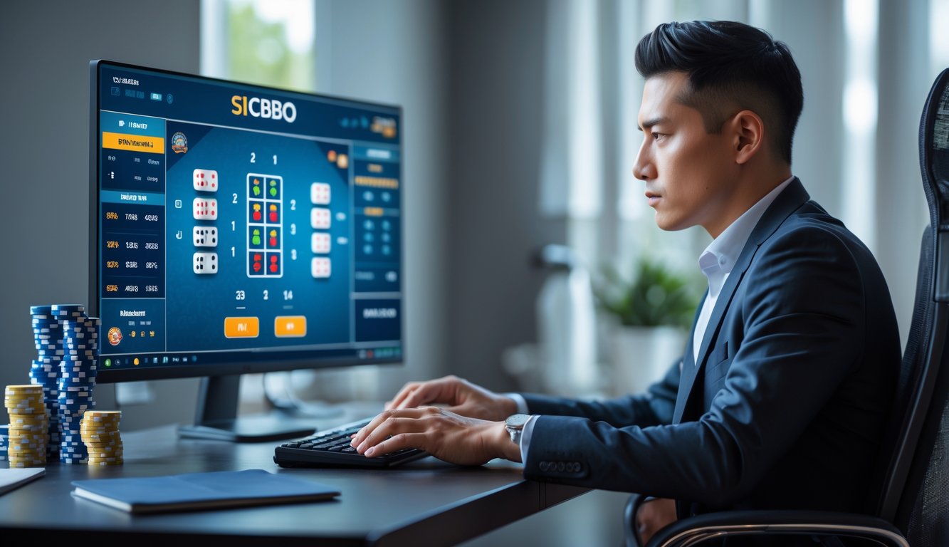 Seorang pemain serius sedang fokus bermain Sicbo online di depan komputer dengan layar menampilkan permainan dadu digital.