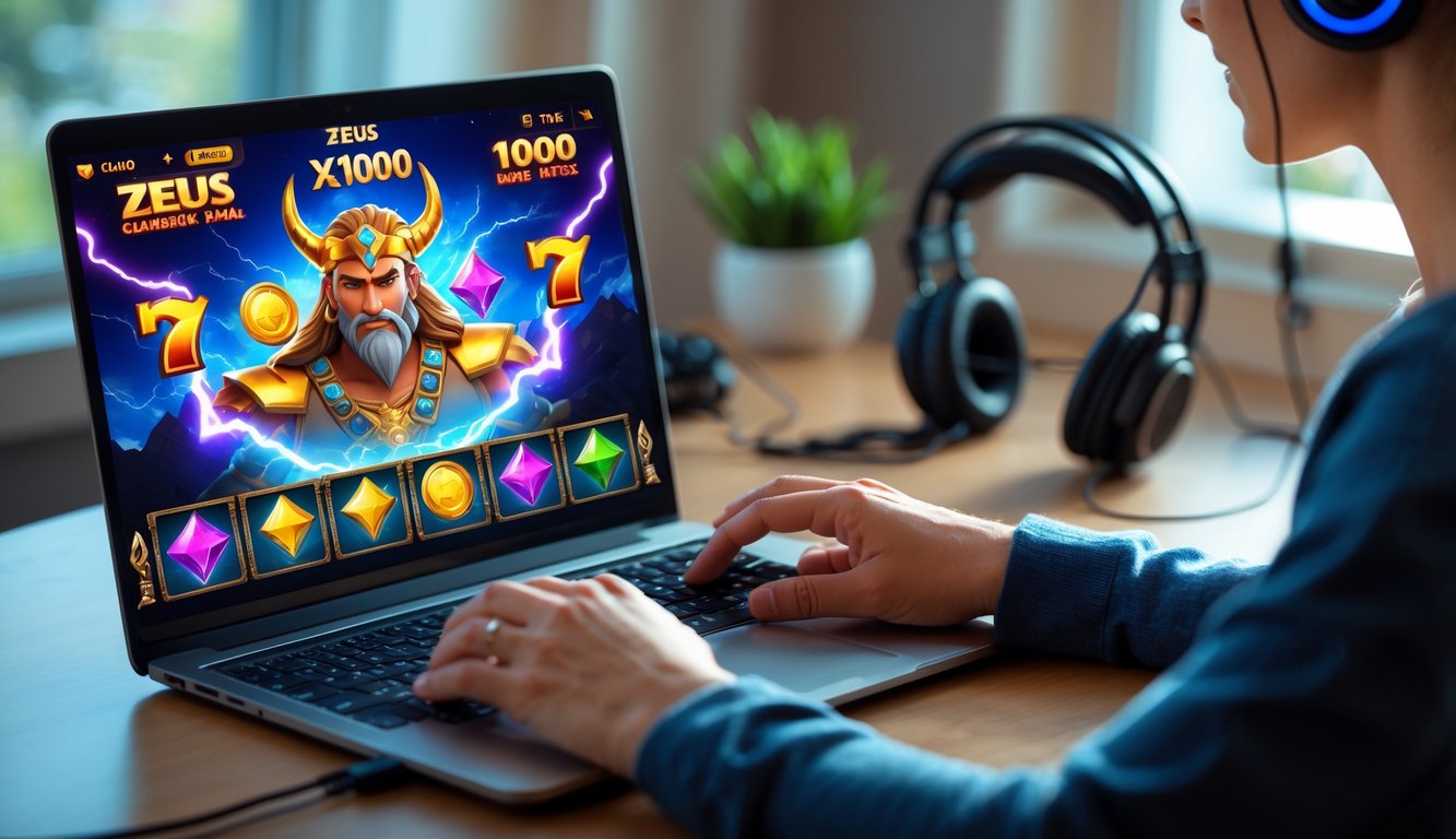 Seorang pria duduk di depan laptop yang menampilkan permainan slot bertema Zeus dengan grafik warna-warni, di sebuah ruangan yang terang dan rapi.