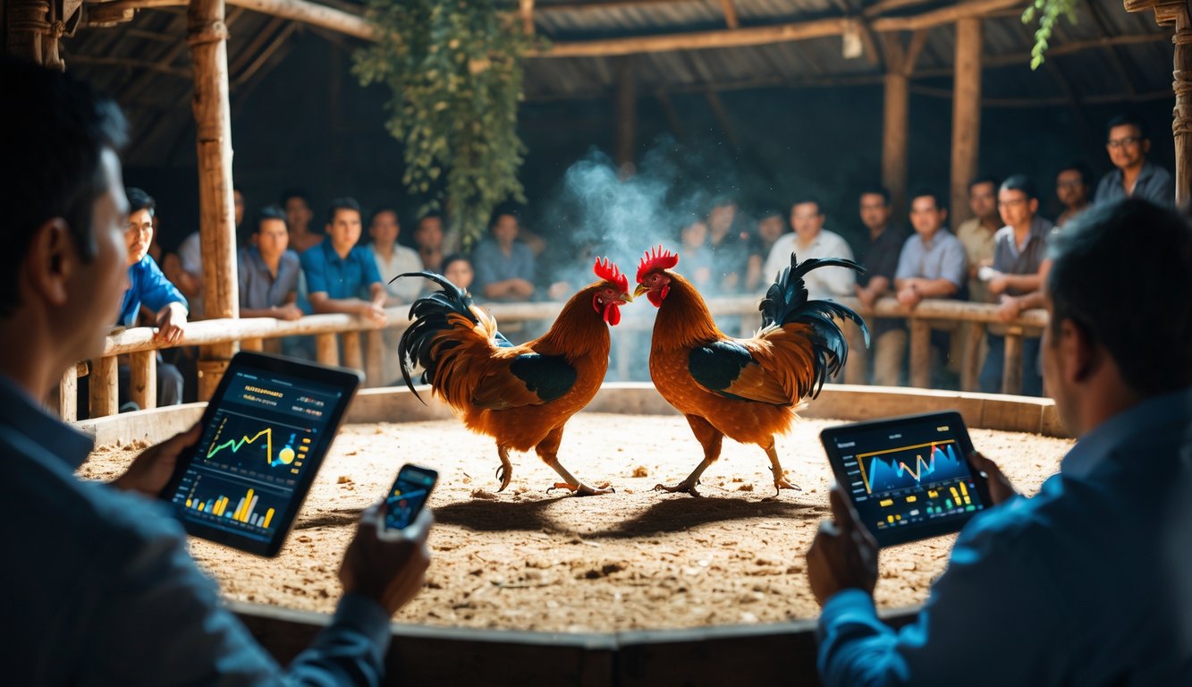 Dua ayam jago sedang bertarung di arena melingkar dengan penonton yang mengamati dan perangkat digital menampilkan statistik pertandingan secara real-time.