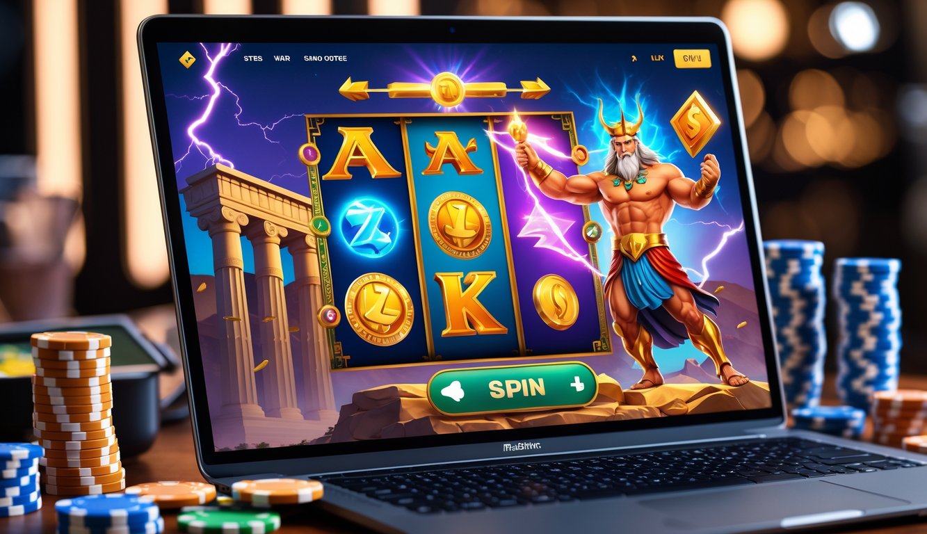 Sebuah layar komputer menampilkan permainan slot online bertema Zeus dengan simbol petir dan koin emas.