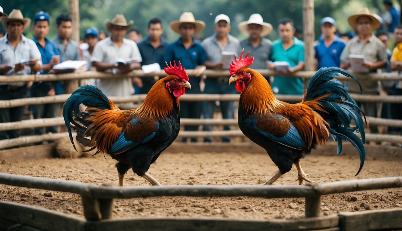 Dua ayam jago sedang bertarung di arena dengan penonton mengamati dan mencatat data performa ayam.