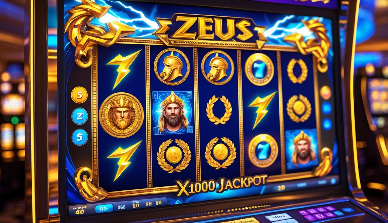 Mesin slot kasino dengan tema Dewa Zeus dan simbol petir, menampilkan tampilan warna-warni dan pencahayaan hangat.