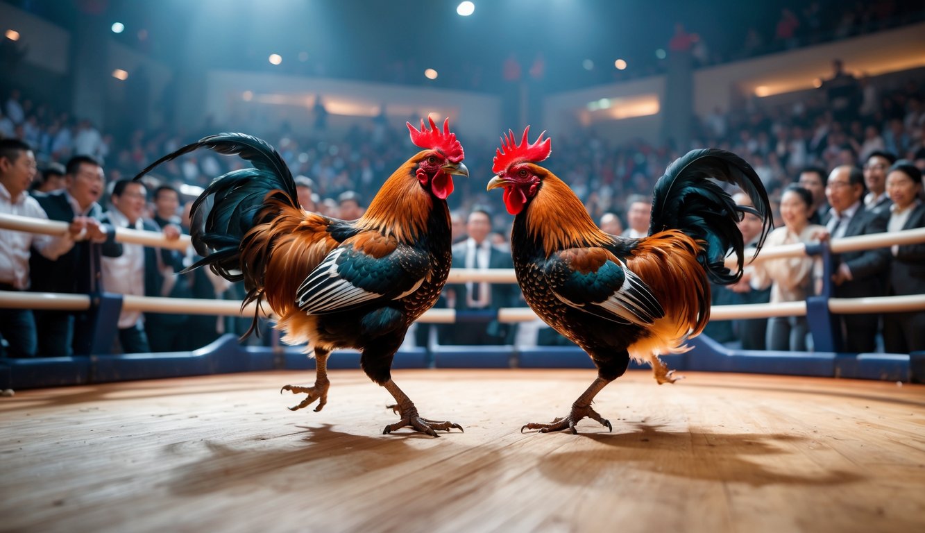 Pertarungan dua ayam jago di arena dengan penonton yang antusias di sekelilingnya.