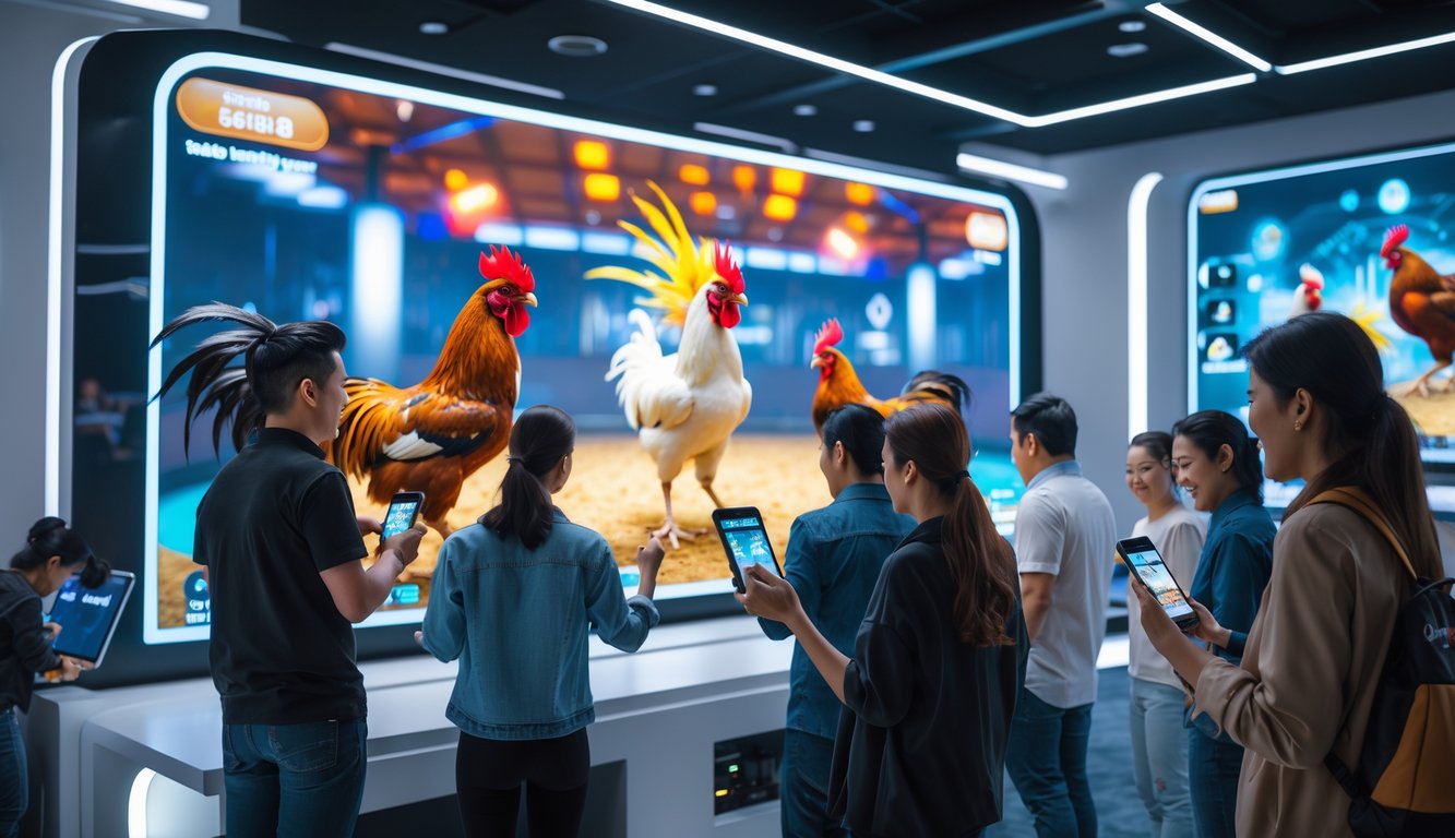 Orang-orang menggunakan perangkat digital di arena sabung ayam modern dengan layar besar menampilkan pertarungan ayam secara virtual.