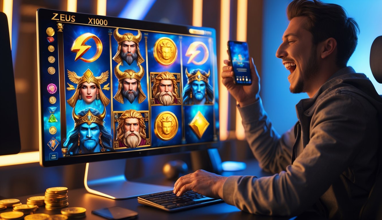 Seseorang sedang merayakan kemenangan besar saat bermain permainan slot Zeus di layar komputer atau ponsel.