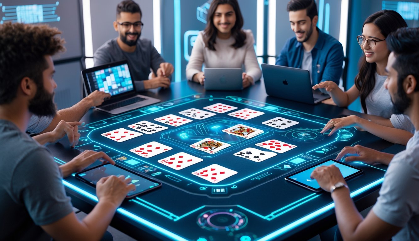 Beberapa orang bermain permainan kartu online dengan perangkat digital di meja virtual modern.