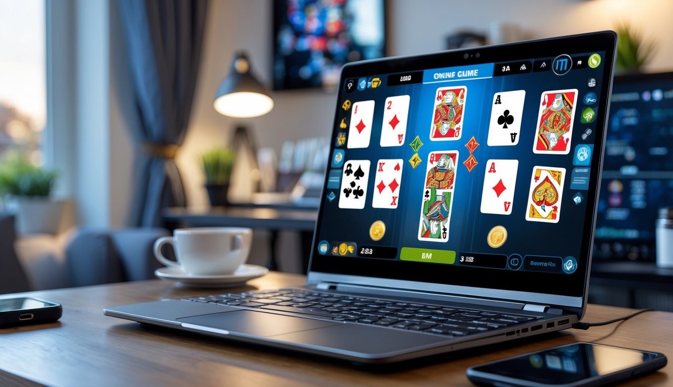 Seseorang bermain kartu secara online di depan laptop dengan pola kartu unggulan terlihat di layar.