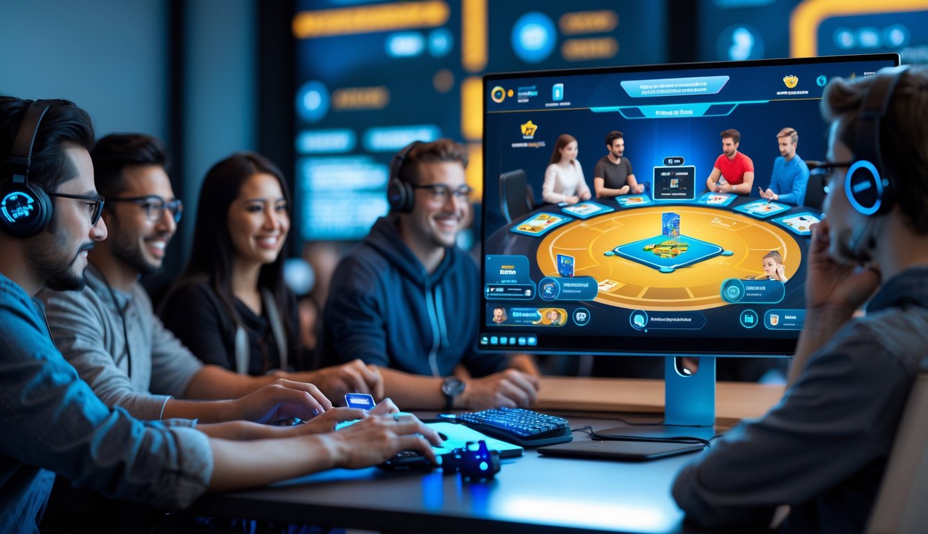 Orang-orang bermain permainan kartu online secara kompetitif di depan komputer dengan meja kartu digital interaktif.