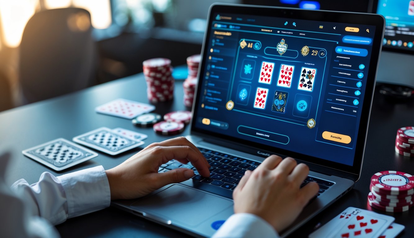 Tangan seseorang sedang bermain permainan kartu online di laptop dengan chip poker dan kartu di meja.