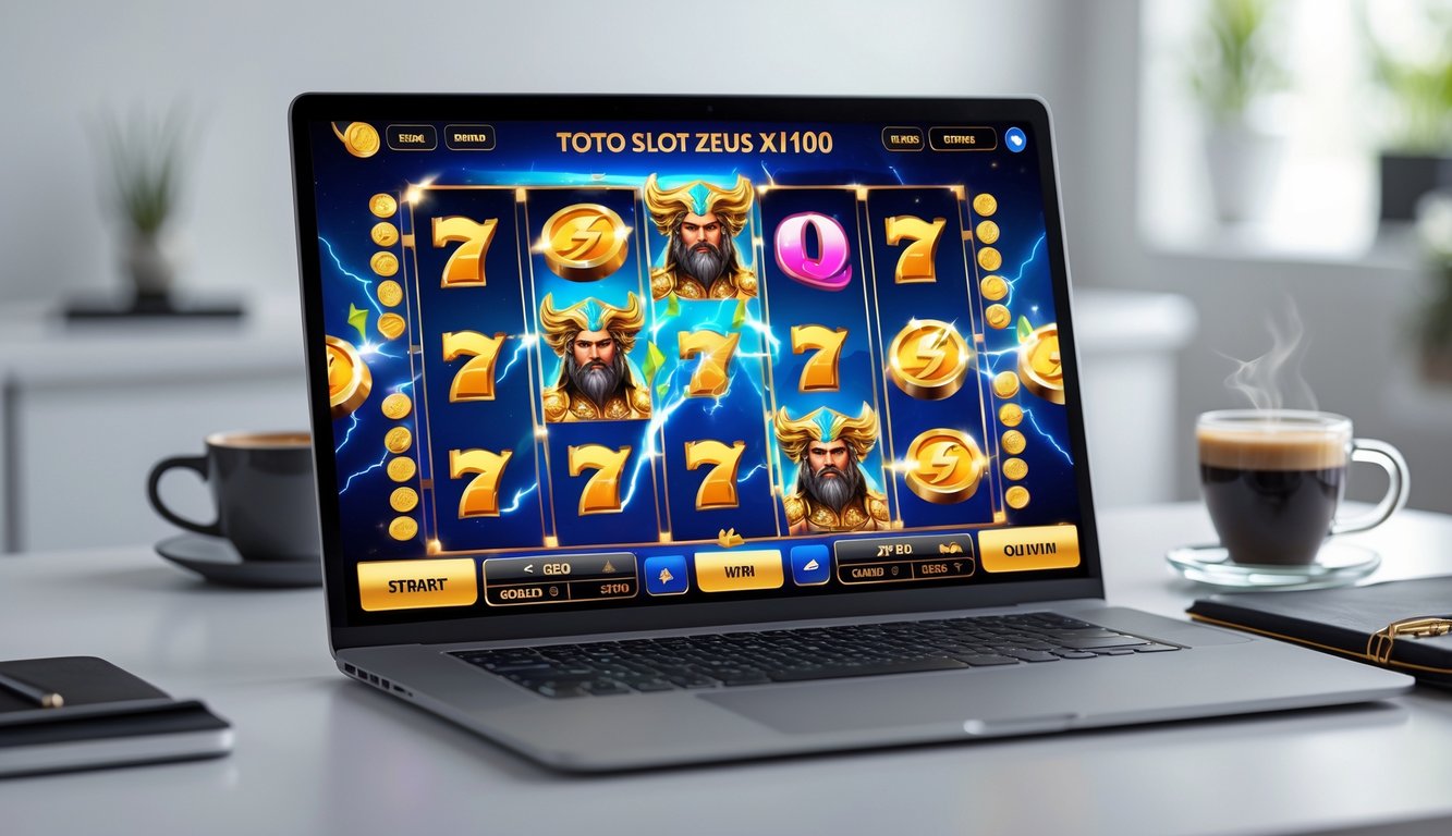Layar komputer menampilkan permainan slot bertema Dewa Zeus dengan koin emas dan petir, di meja kerja yang rapi dengan secangkir kopi dan buku catatan.