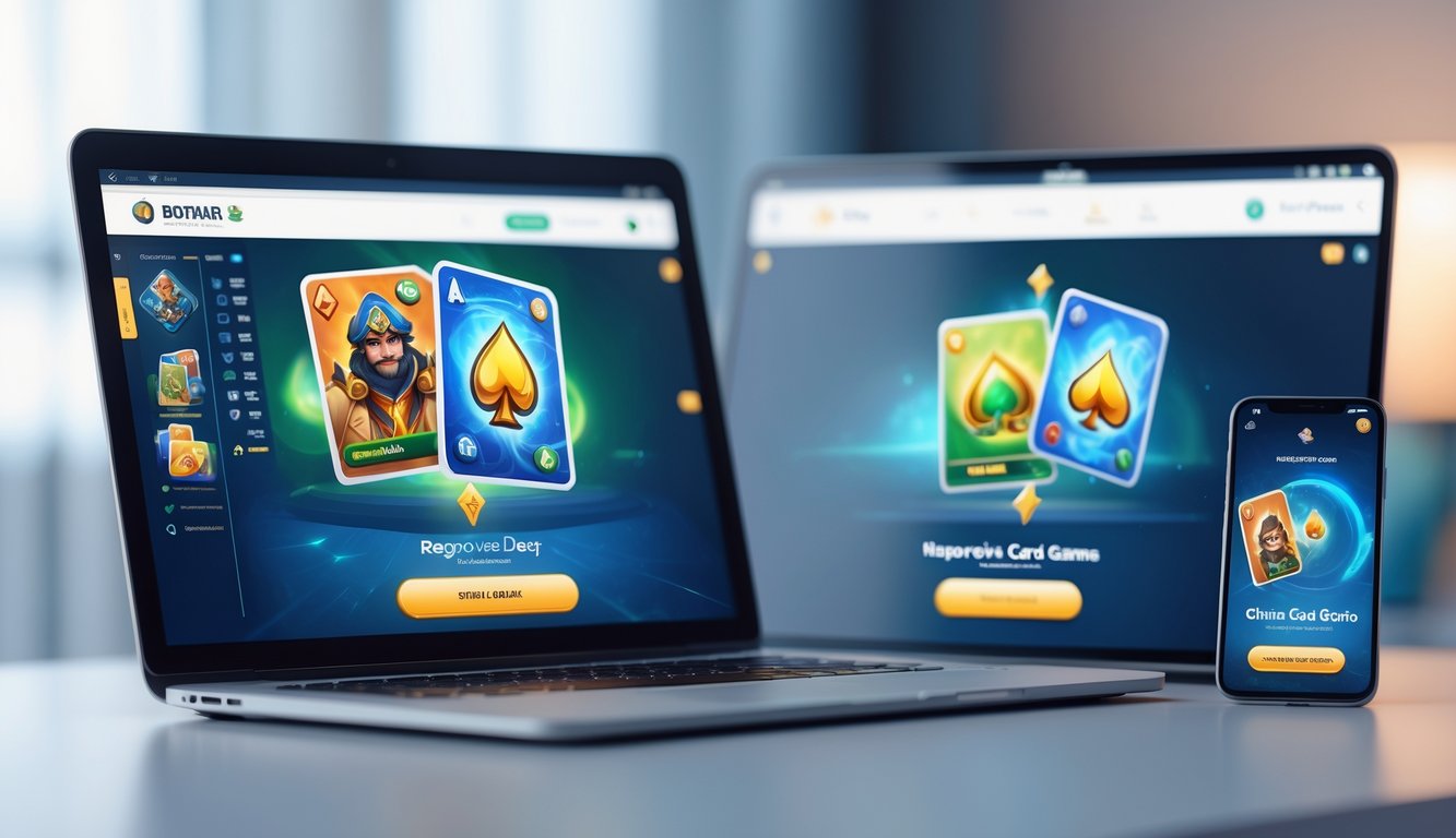 Beberapa perangkat modern menampilkan permainan kartu online dengan desain responsif dan tampilan permainan yang halus di atas meja minimalis.