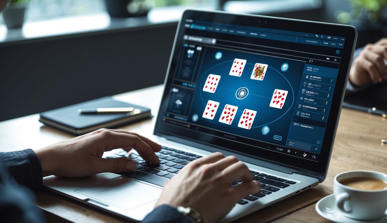 Seseorang sedang bermain permainan kartu online di laptop dengan suasana kerja yang rapi dan fokus.