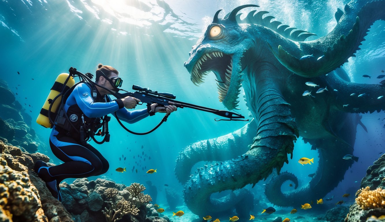 Seorang penyelam menembak dengan senjata bawah air ke arah monster laut besar dengan tentakel di bawah laut yang penuh warna.