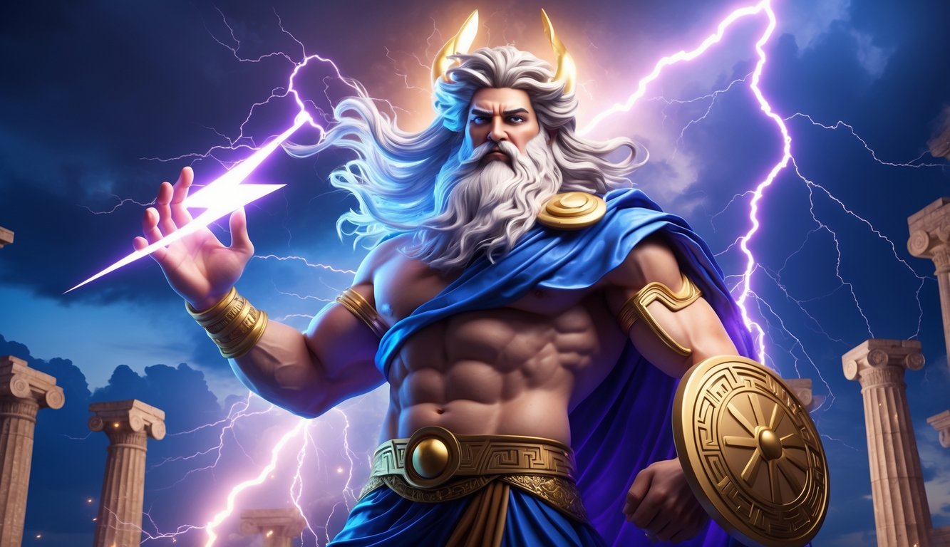Patung Zeus yang kuat memegang petir dengan latar belakang kuil Yunani kuno dan awan badai.