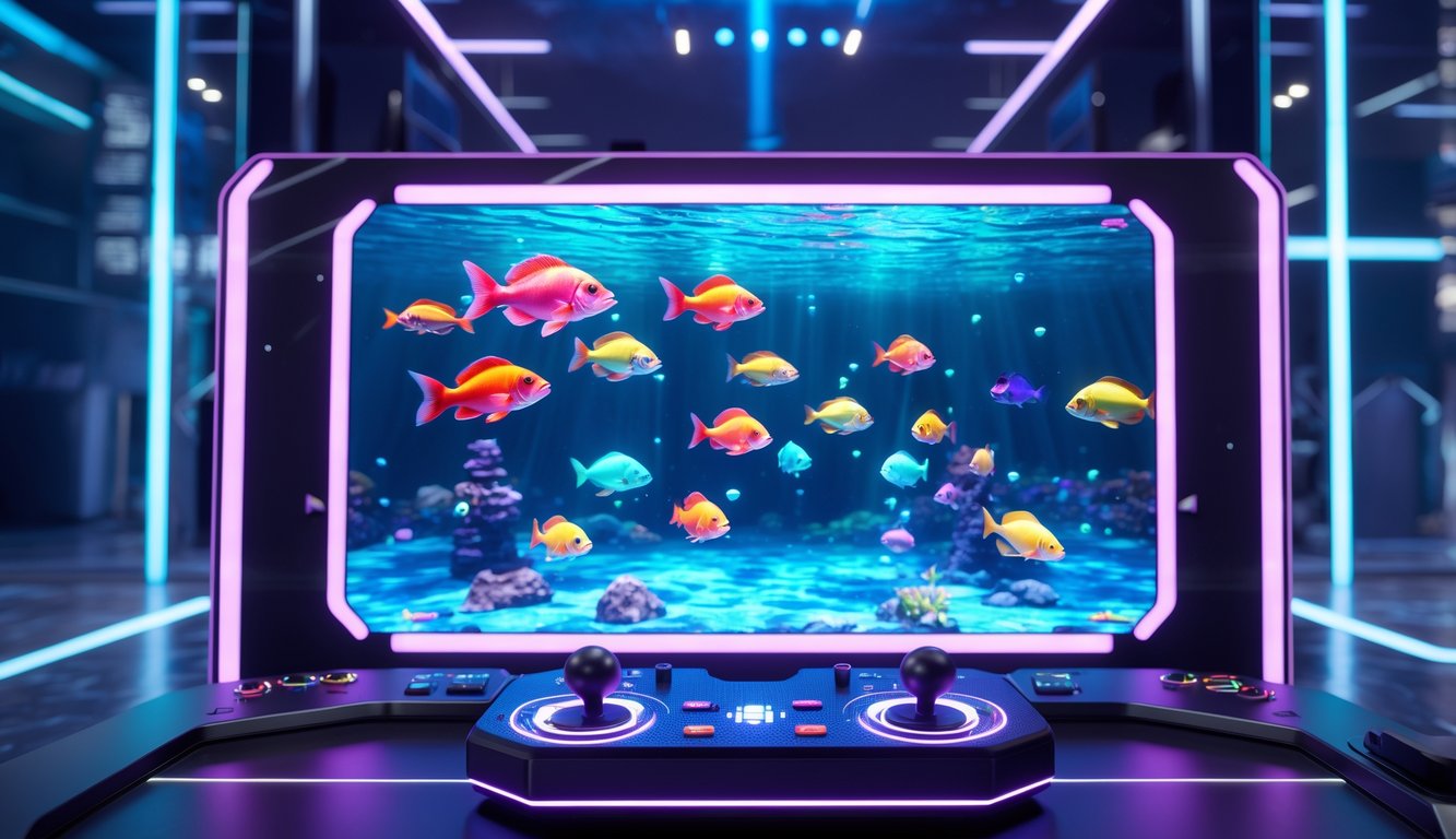 Adegan permainan tembak ikan dengan ikan berwarna-warni dan konsol permainan modern di lingkungan permainan yang terang dan futuristik.