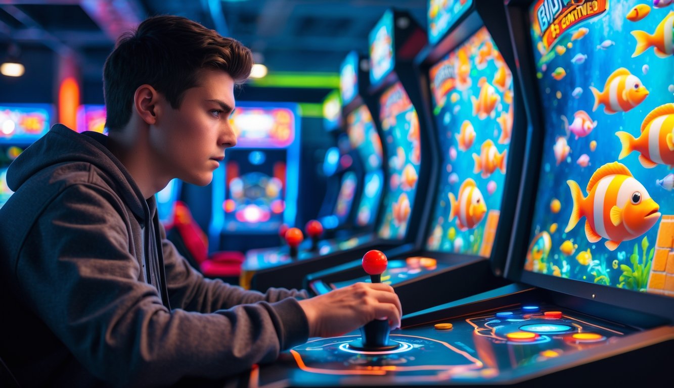 Seorang pemain fokus menggunakan joystick di mesin permainan menembak ikan di ruang arcade yang terang dan penuh warna.