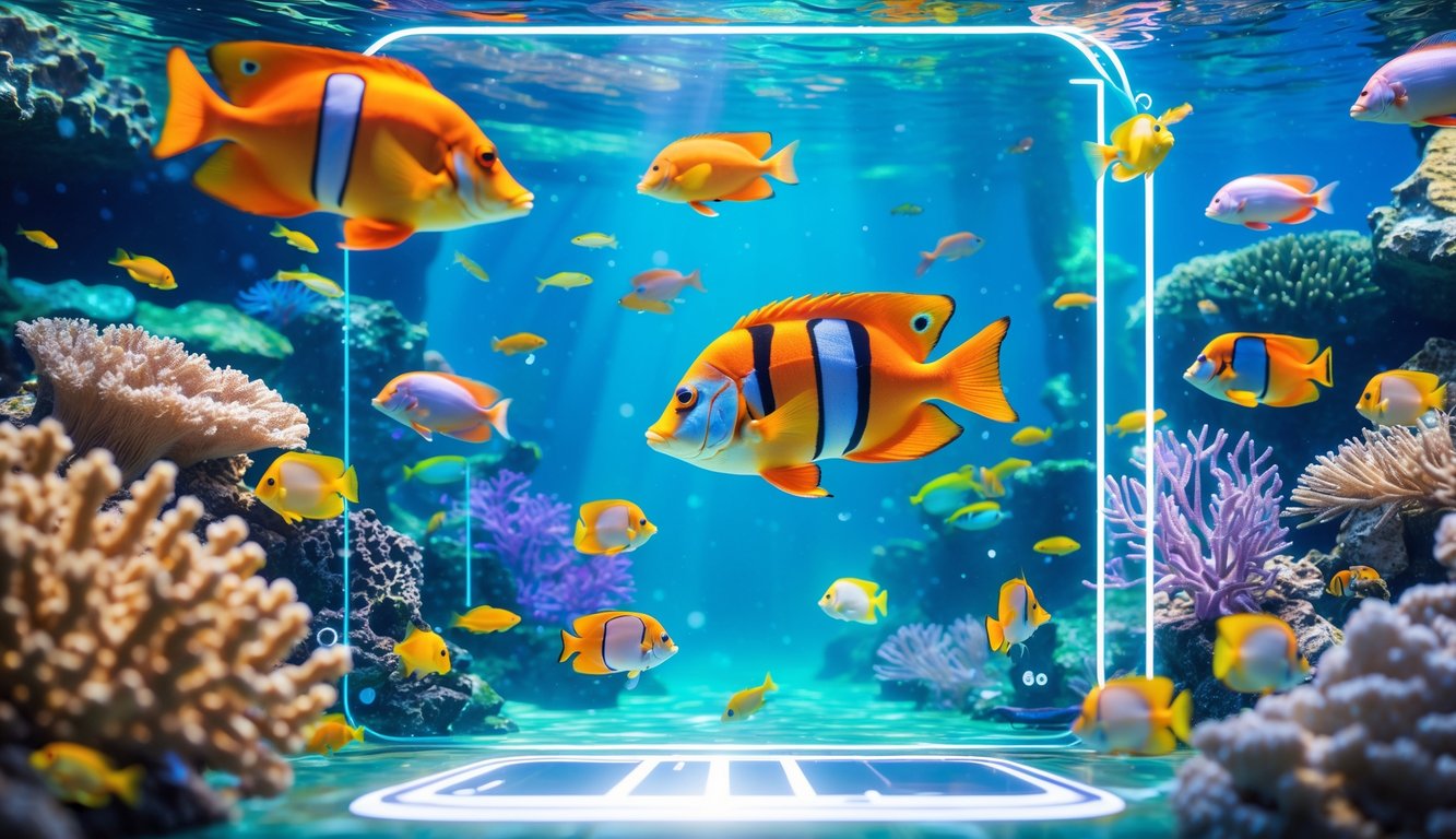 Pemandangan bawah laut yang penuh ikan tropis berwarna-warni dan terumbu karang dengan antarmuka permainan digital modern yang menyatu di dalam air.