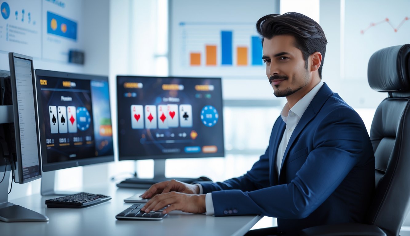 Seorang profesional duduk di depan komputer dengan layar yang menampilkan permainan kartu capsa di sebuah kantor modern.