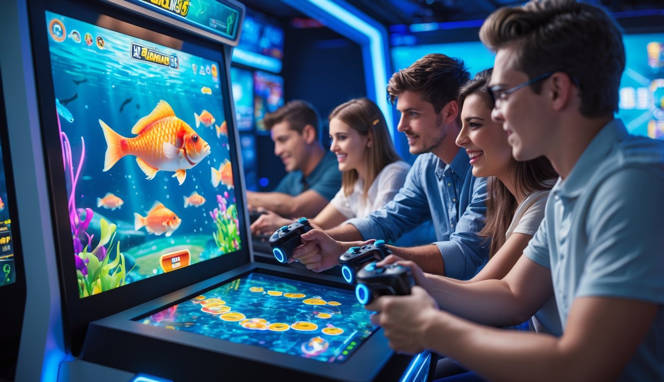 Orang-orang muda sedang bermain permainan tembak ikan modern dengan layar sentuh dan kontroler futuristik di dalam ruang arcade yang terang dan berteknologi tinggi.