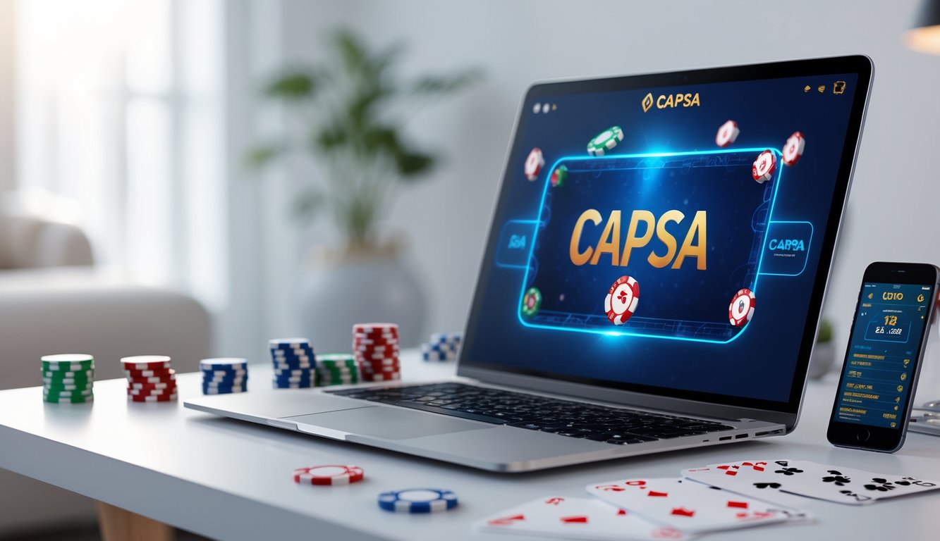 Seorang pria menggunakan laptop untuk bermain permainan kartu Capsa online di meja kerja yang rapi.