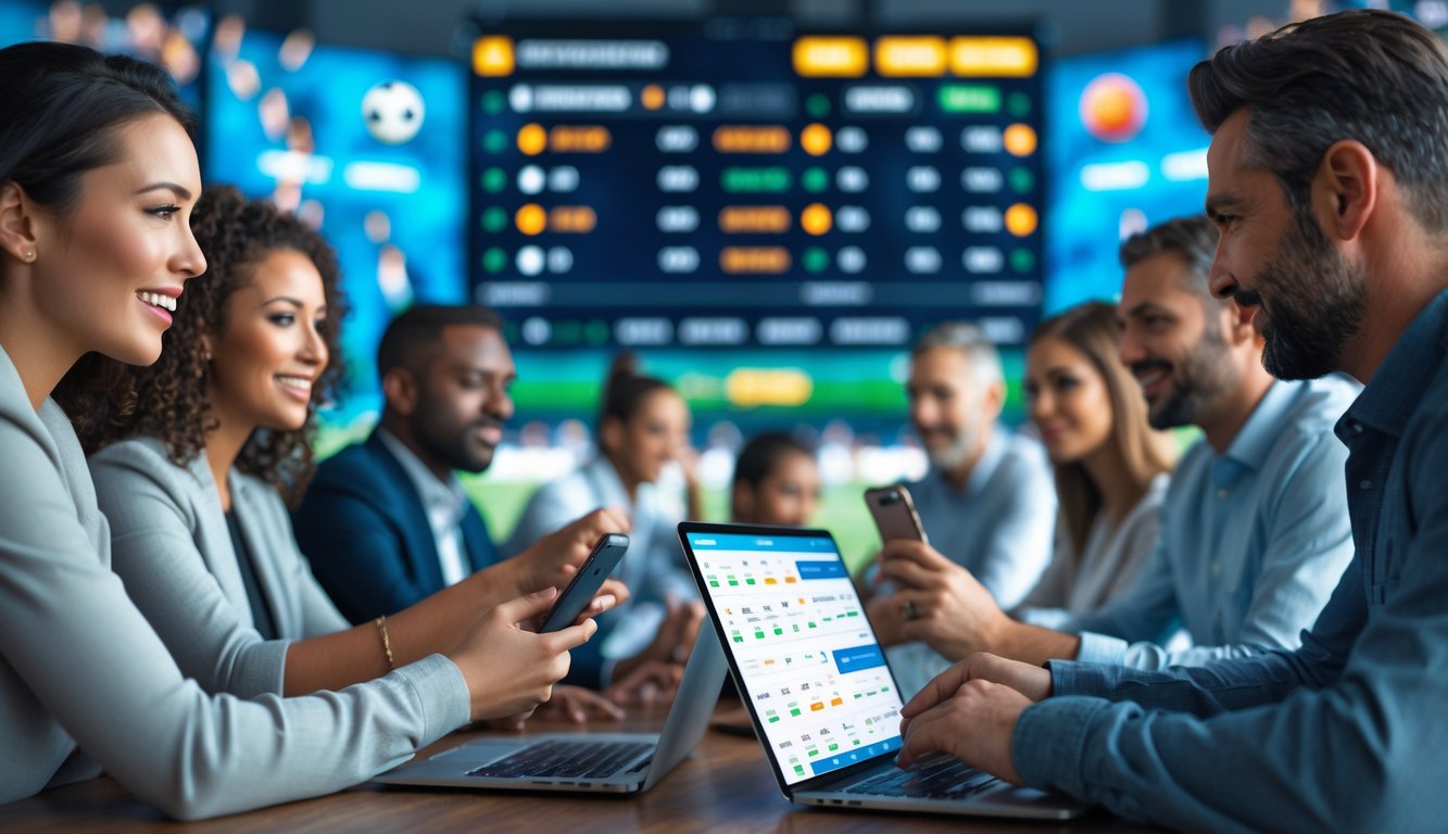 Orang-orang menggunakan perangkat digital untuk melihat statistik dan peluang taruhan olahraga dalam suasana stadion olahraga yang ramai.