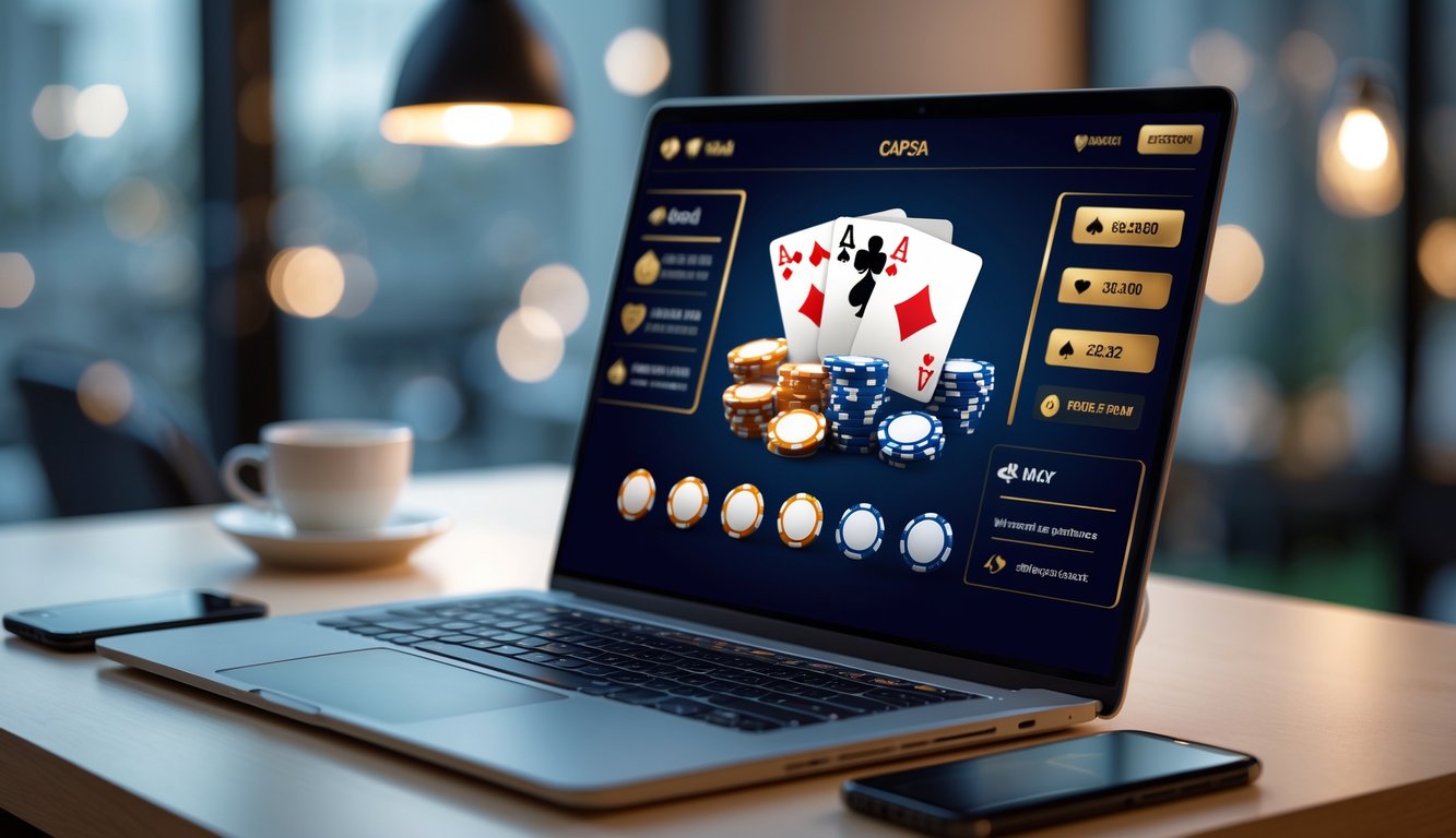 Sebuah meja kerja dengan laptop yang menampilkan permainan kartu online Capsa, dilengkapi dengan kartu dan chip poker, di samping ponsel dan secangkir kopi.