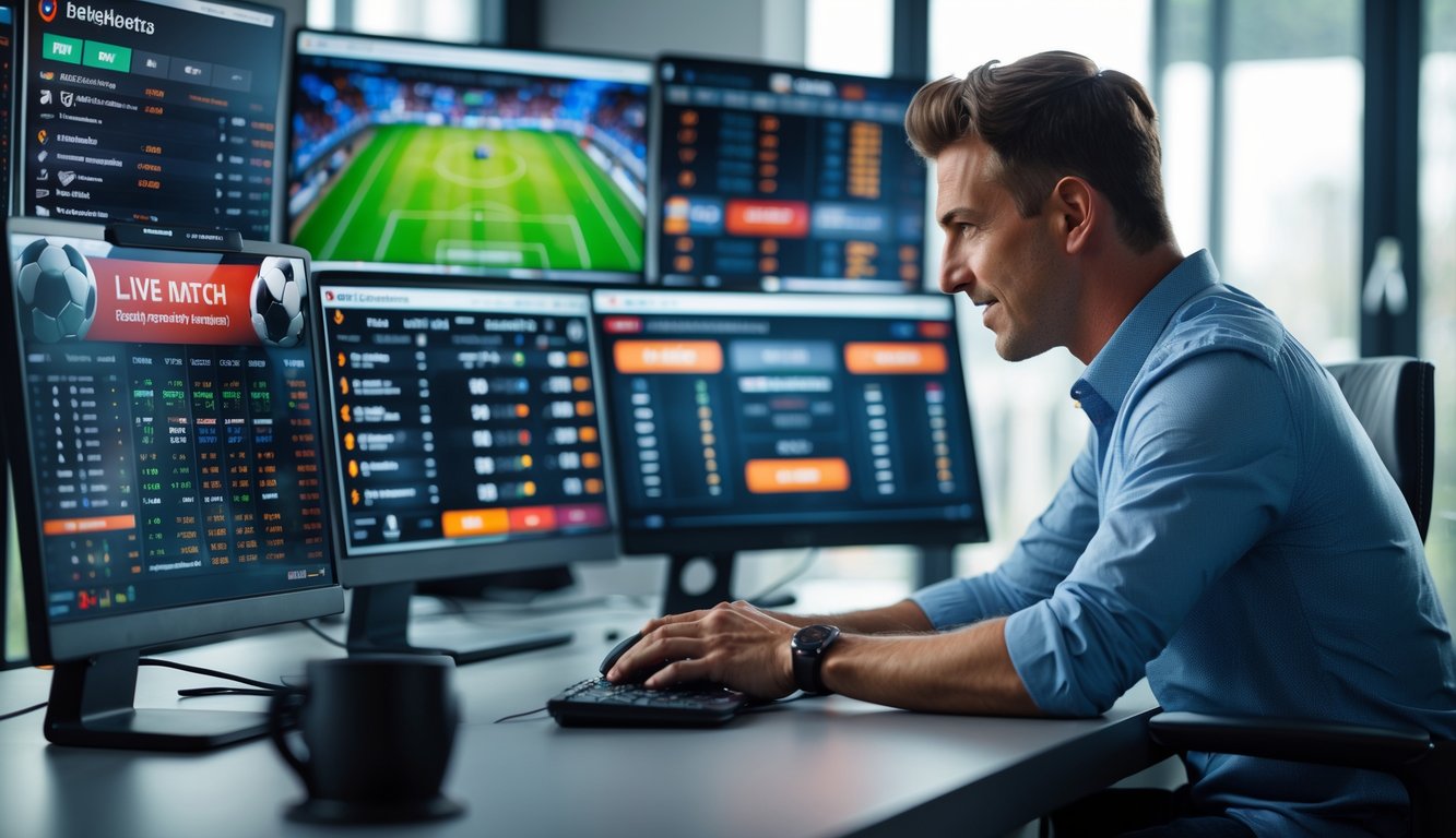 Seorang pria muda duduk di depan beberapa monitor komputer yang menampilkan pertandingan sepak bola dan grafik taruhan dalam lingkungan kerja modern.