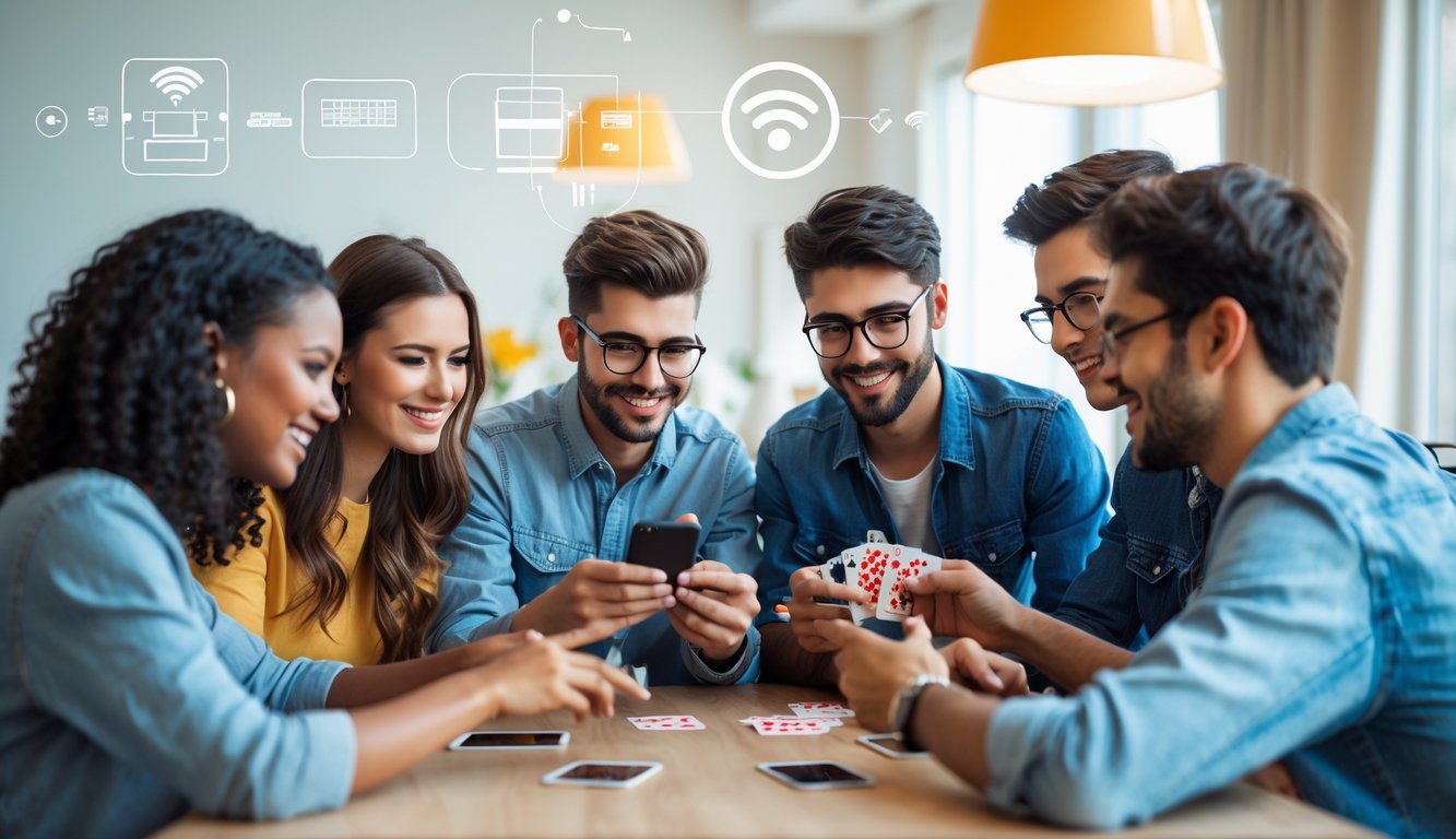 Sekelompok orang muda bermain permainan kartu daring bersama di sebuah ruangan modern.