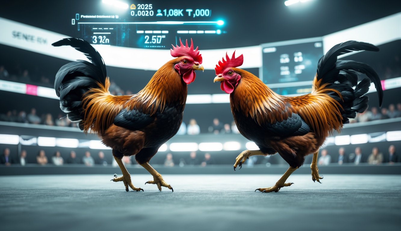 Dua ayam aduan sedang bertarung di arena dengan latar belakang layar digital dan penonton yang mengamati.