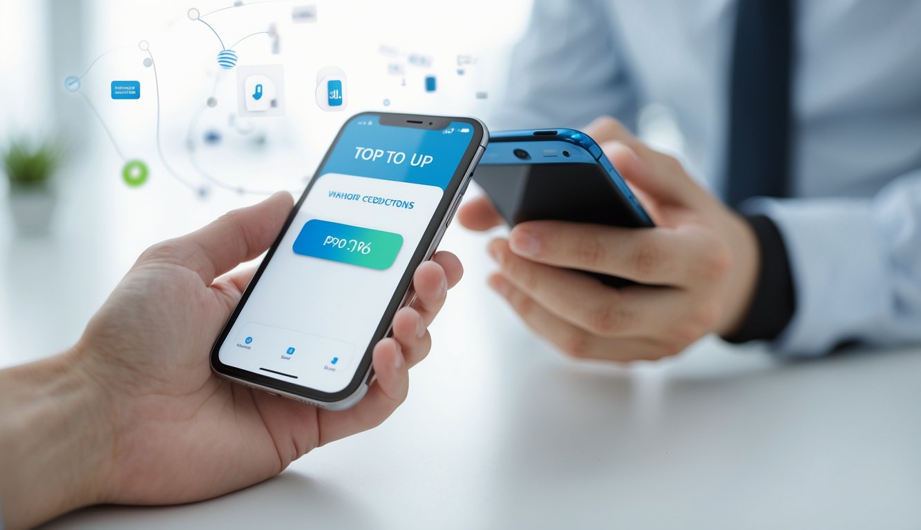 Seseorang menggunakan ponsel untuk mengisi pulsa tanpa potongan dengan latar belakang minimalis.