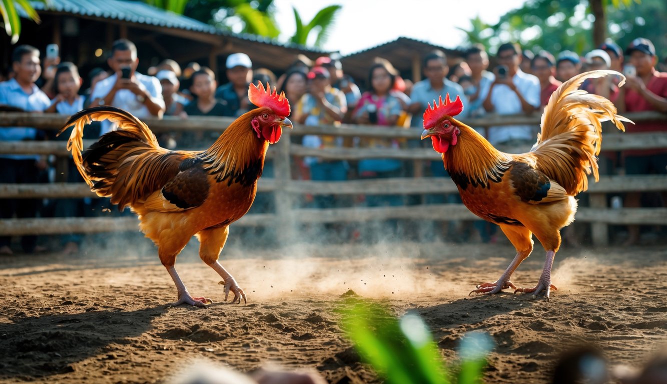 Dua ayam jago sedang bertarung di arena dengan penonton di latar belakang.