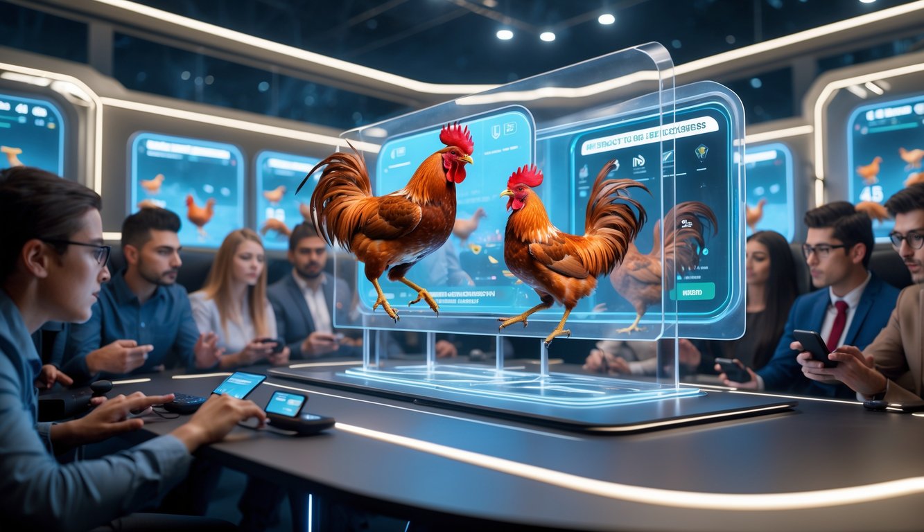 Suasana arena sabung ayam online modern dengan layar digital menampilkan pertarungan ayam dan orang-orang yang mengamati dengan serius.