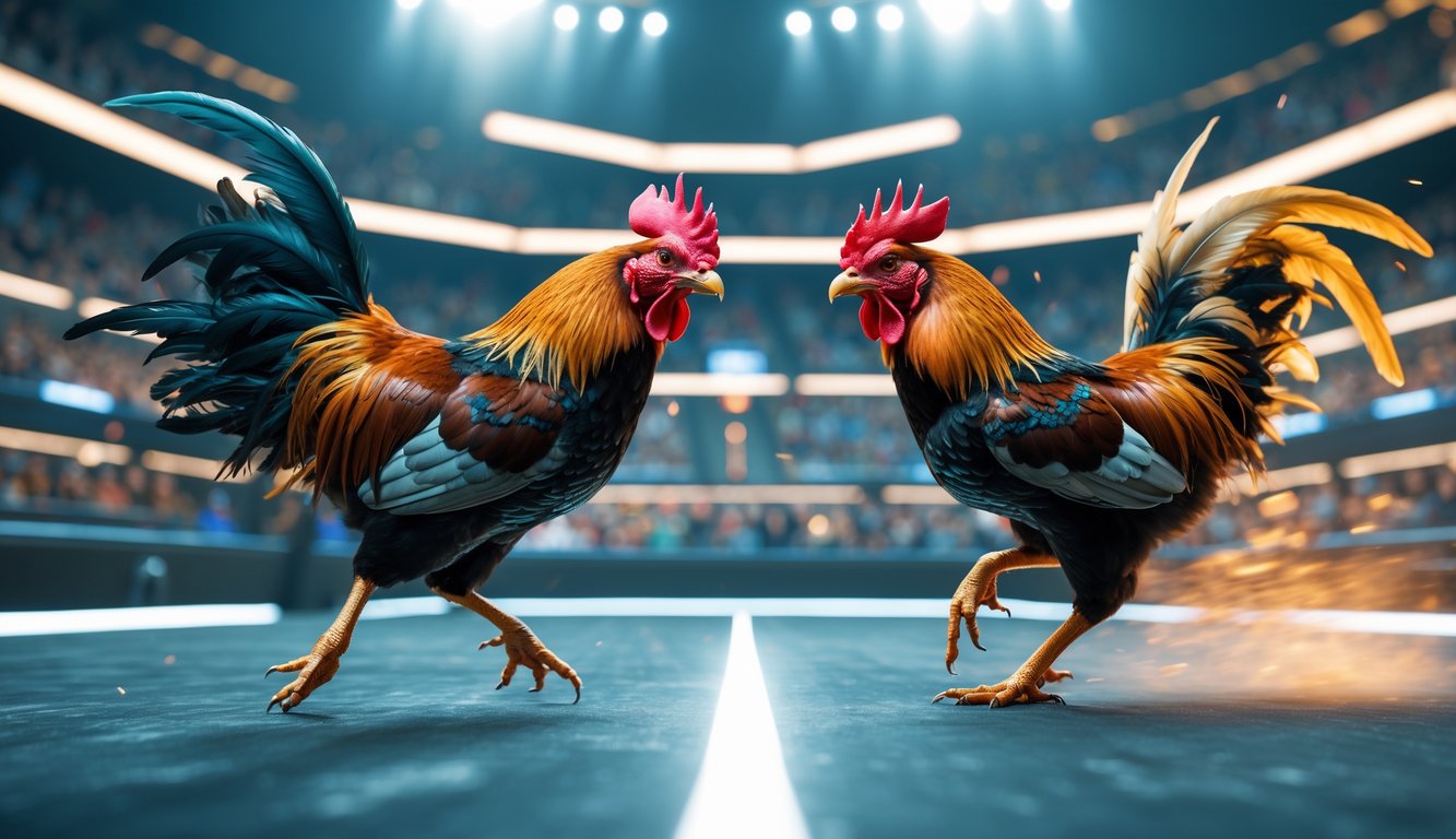 Dua ayam aduan sedang bertarung di arena digital dengan latar belakang stadion berteknologi tinggi.