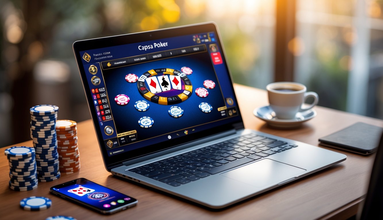 Seorang pemain menggunakan laptop untuk bermain Capsa poker online dengan chip poker dan ponsel di meja kayu.