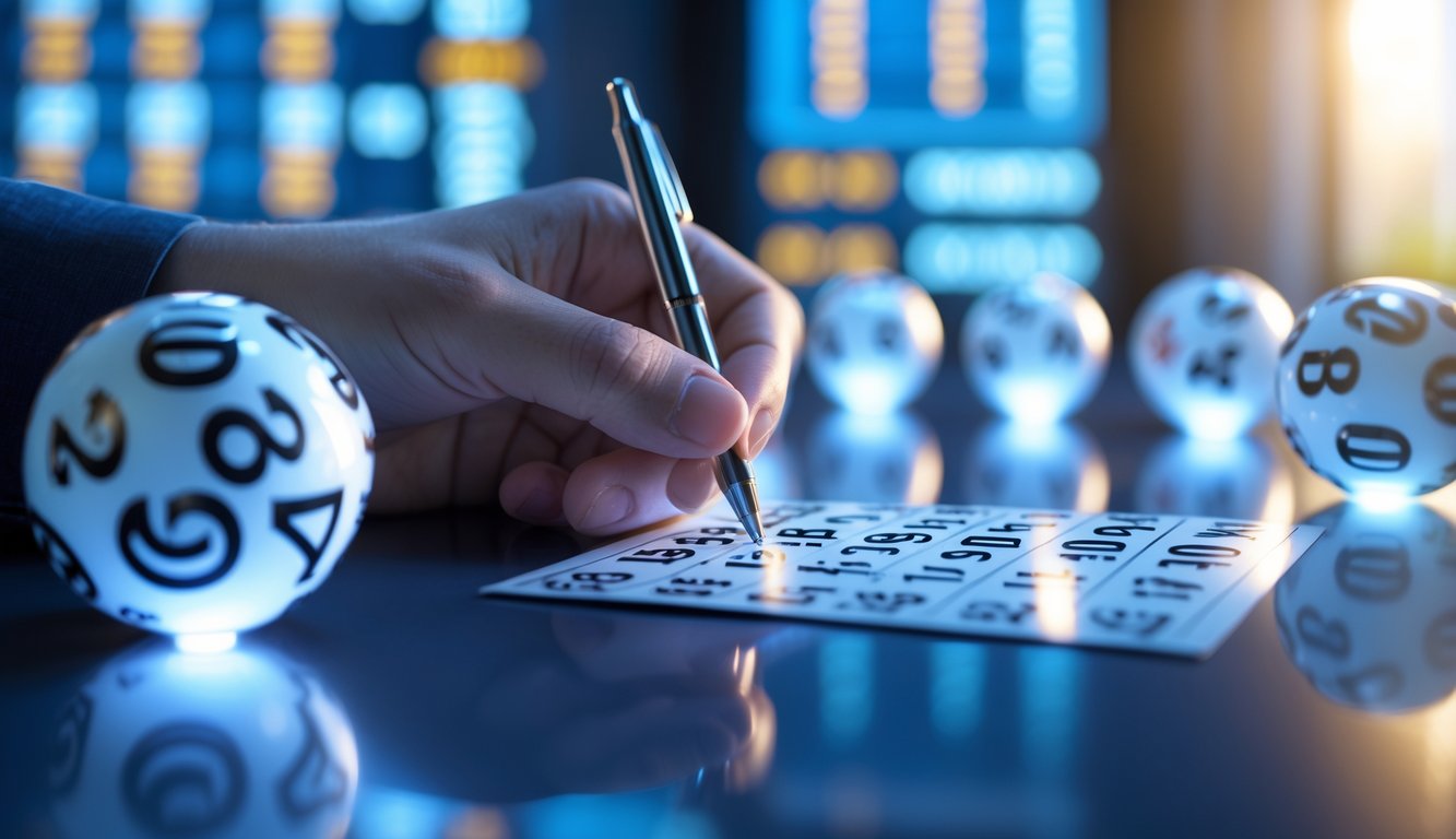 Tangan yang sedang menandai angka pada tiket lotere dengan bola bernomor di sekitar dan papan angka digital di latar belakang.