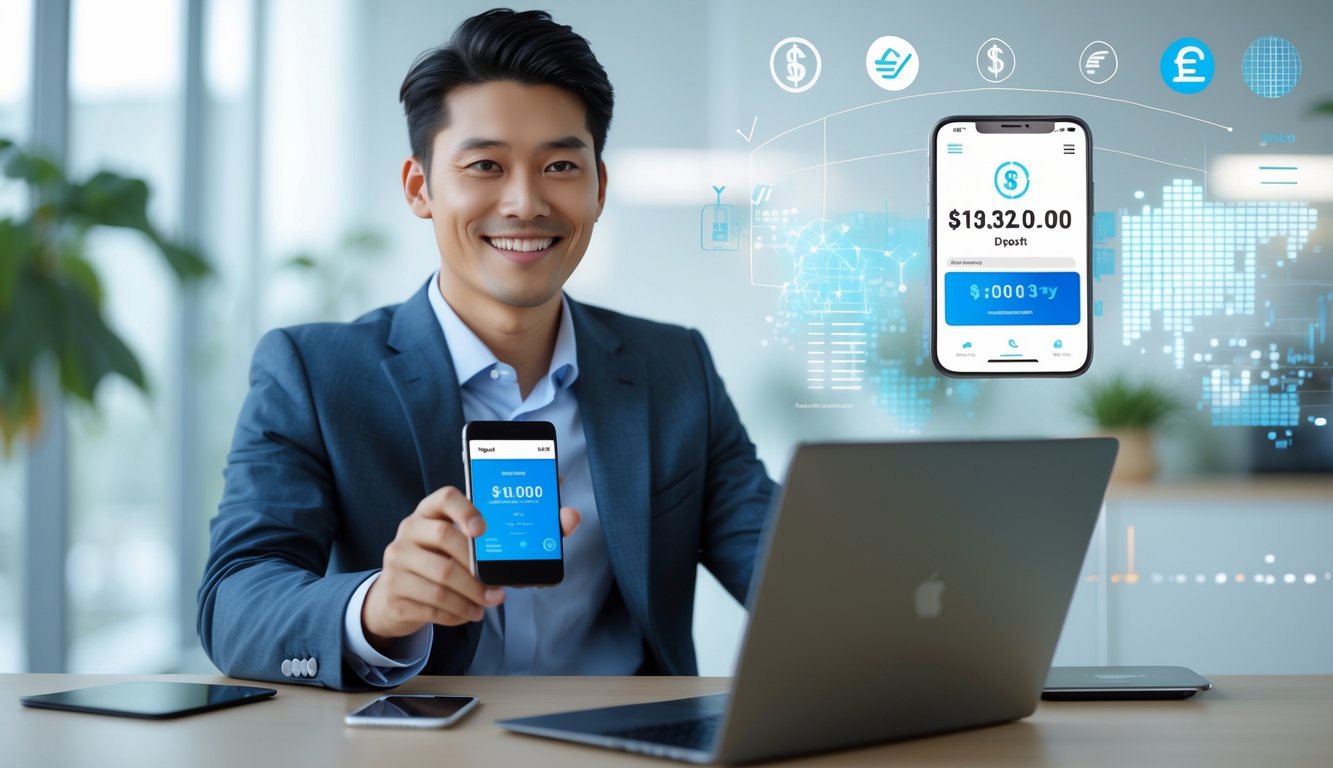 Seorang pria muda sedang menggunakan ponsel dan laptop di kantor untuk melakukan transaksi deposit cepat.