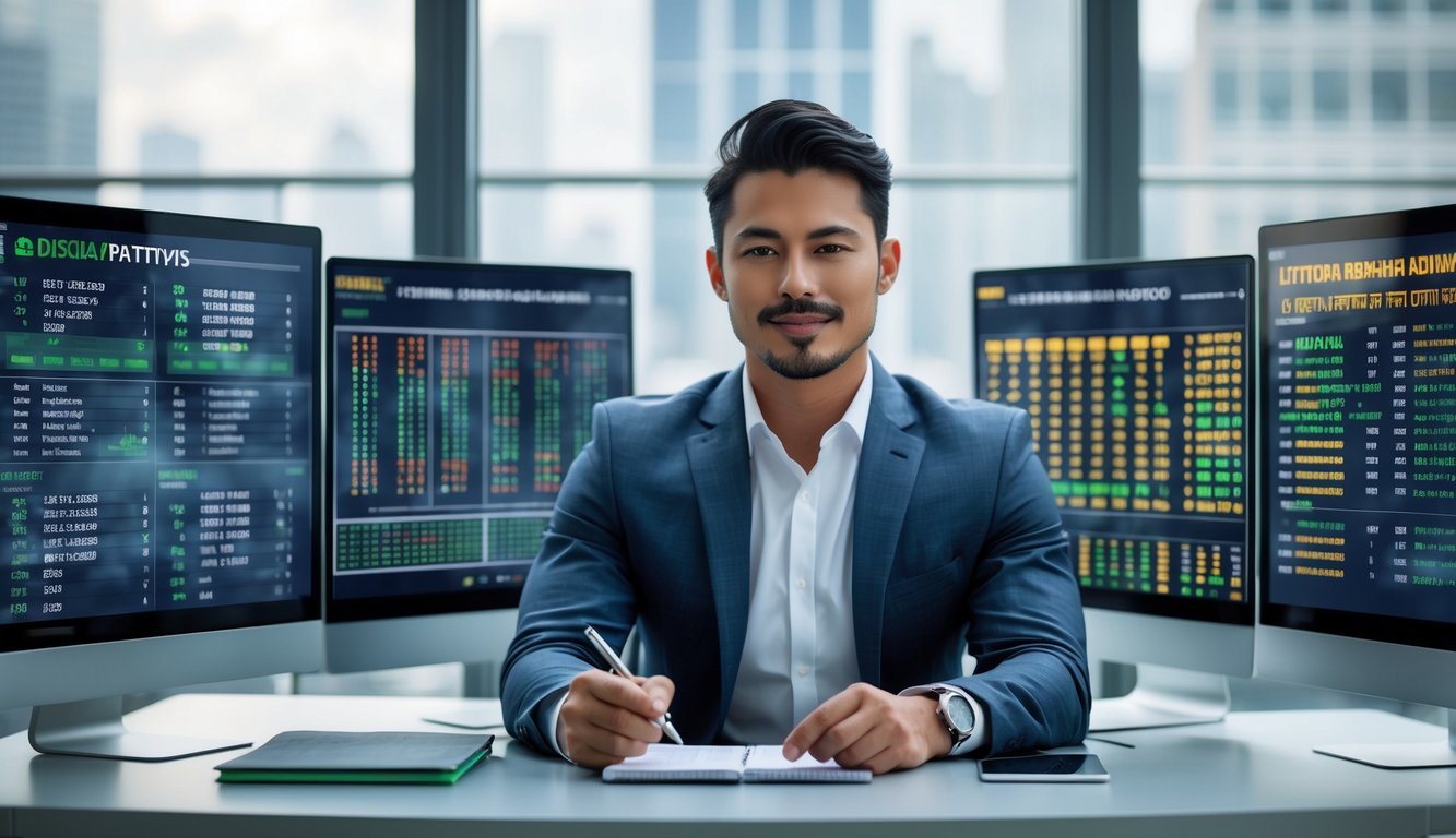 Seorang pria profesional duduk di meja kantor modern dengan beberapa layar komputer menampilkan grafik dan pola angka, sedang fokus menganalisis data.