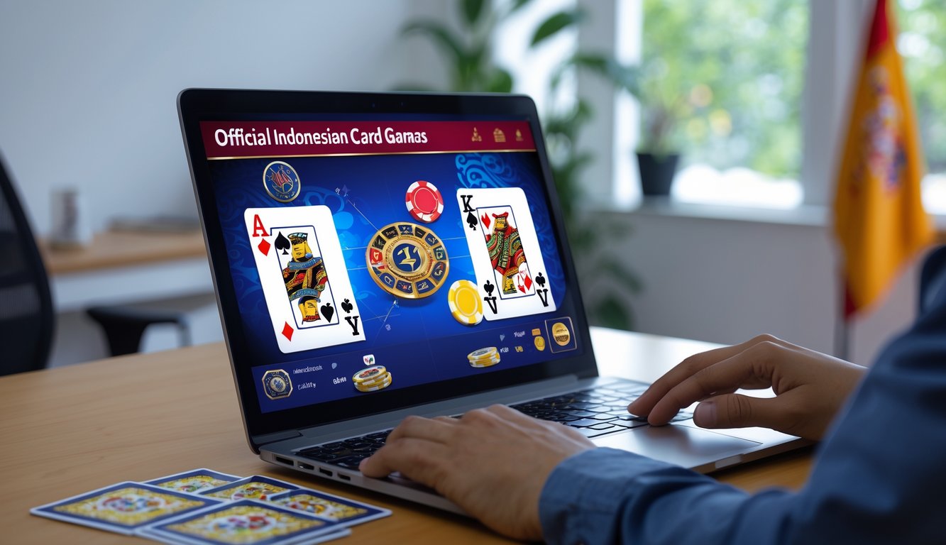Seseorang menggunakan laptop di meja dengan tampilan permainan kartu online resmi dari Indonesia.