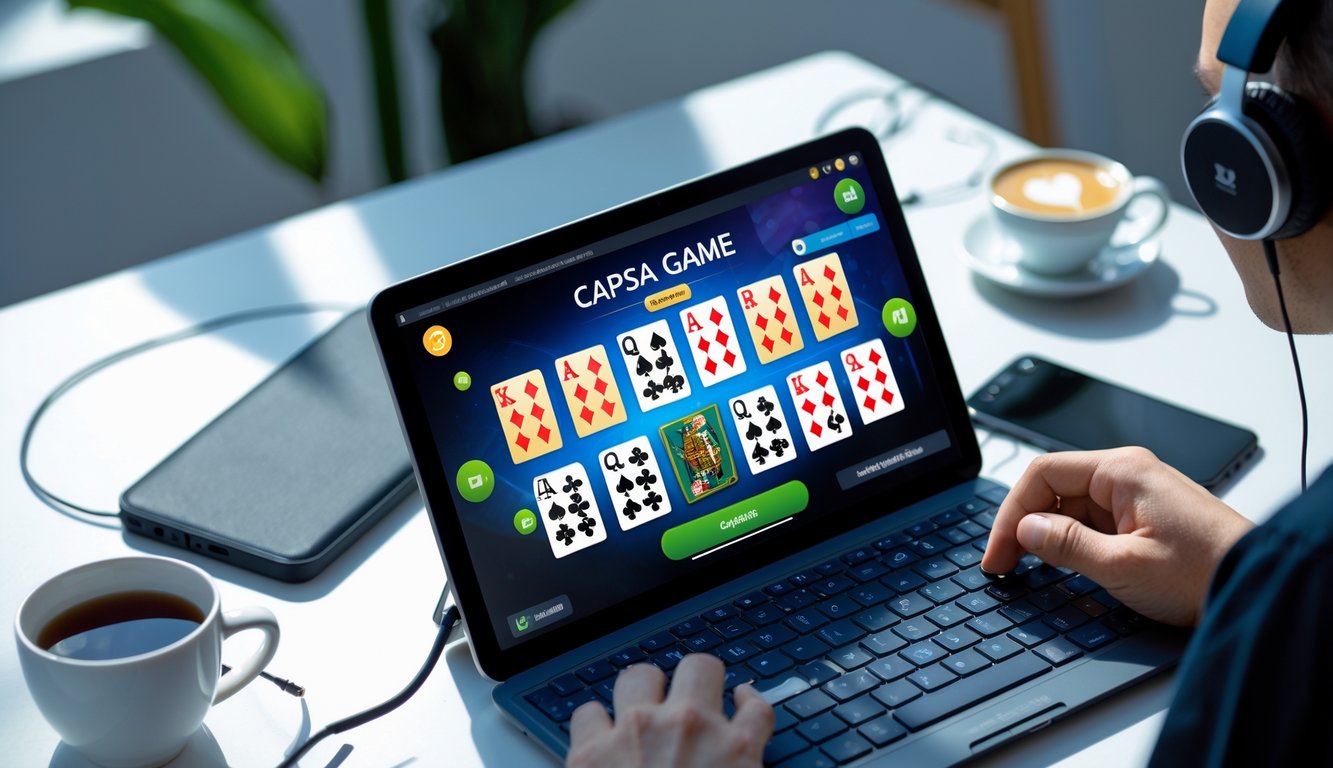 Seseorang sedang bermain permainan Capsa online di laptop dengan kartu remi di layar dalam suasana kerja yang nyaman.