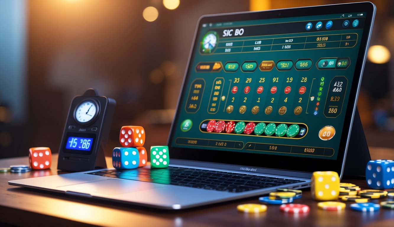 Sebuah komputer dengan permainan Sic Bo online yang menampilkan pola taruhan dan dadu berwarna di meja.