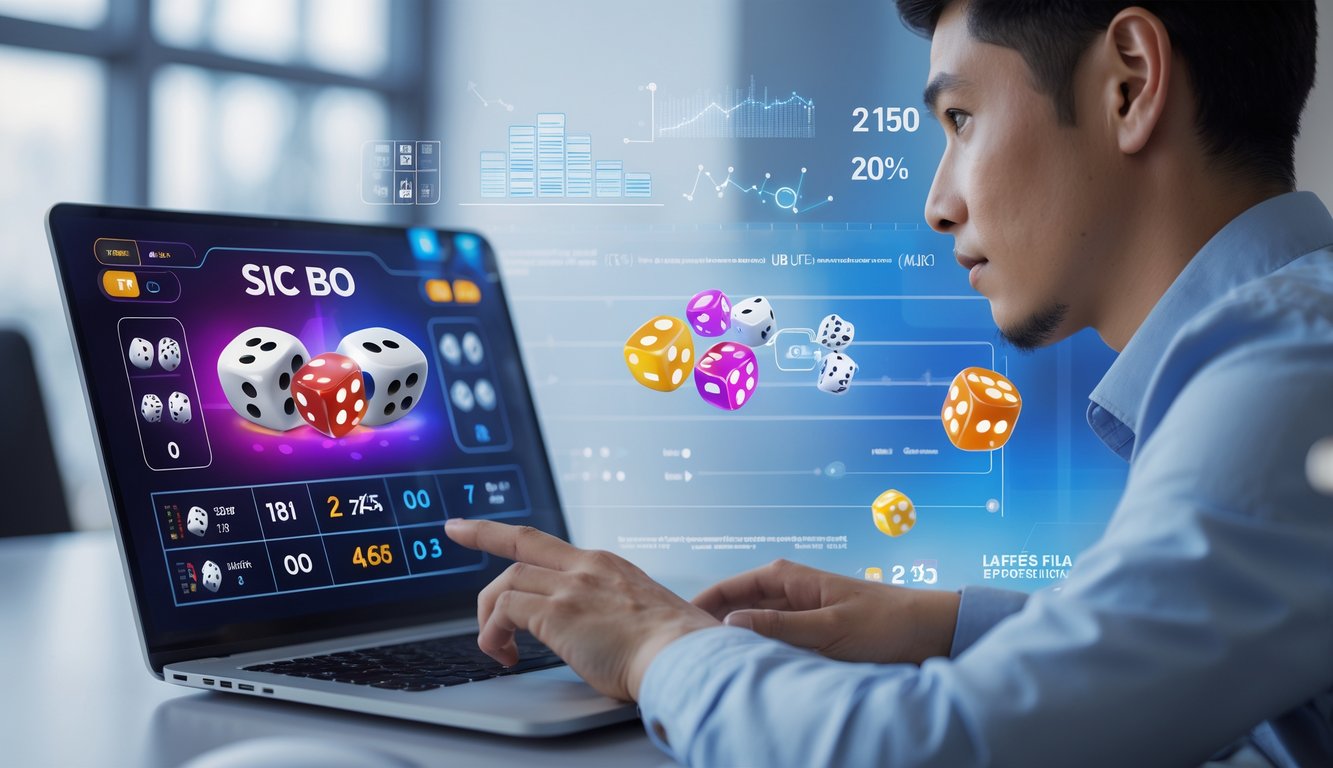 Seorang pemain fokus menggunakan laptop dengan tampilan permainan dadu Sic Bo online dan grafik statistik di latar belakang.