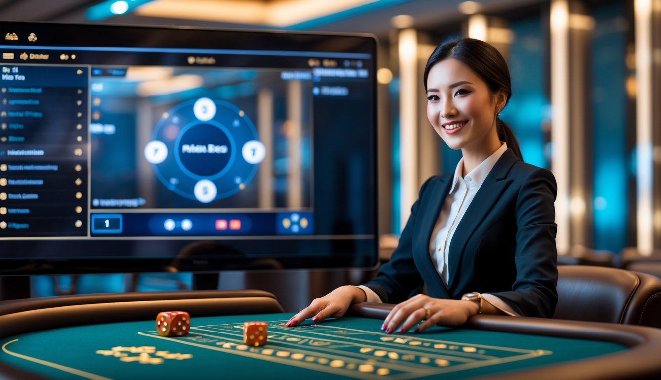 Seorang dealer wanita profesional sedang mengelola meja dadu Sic Bo online dengan antarmuka digital dan dadu virtual yang terlihat jelas.