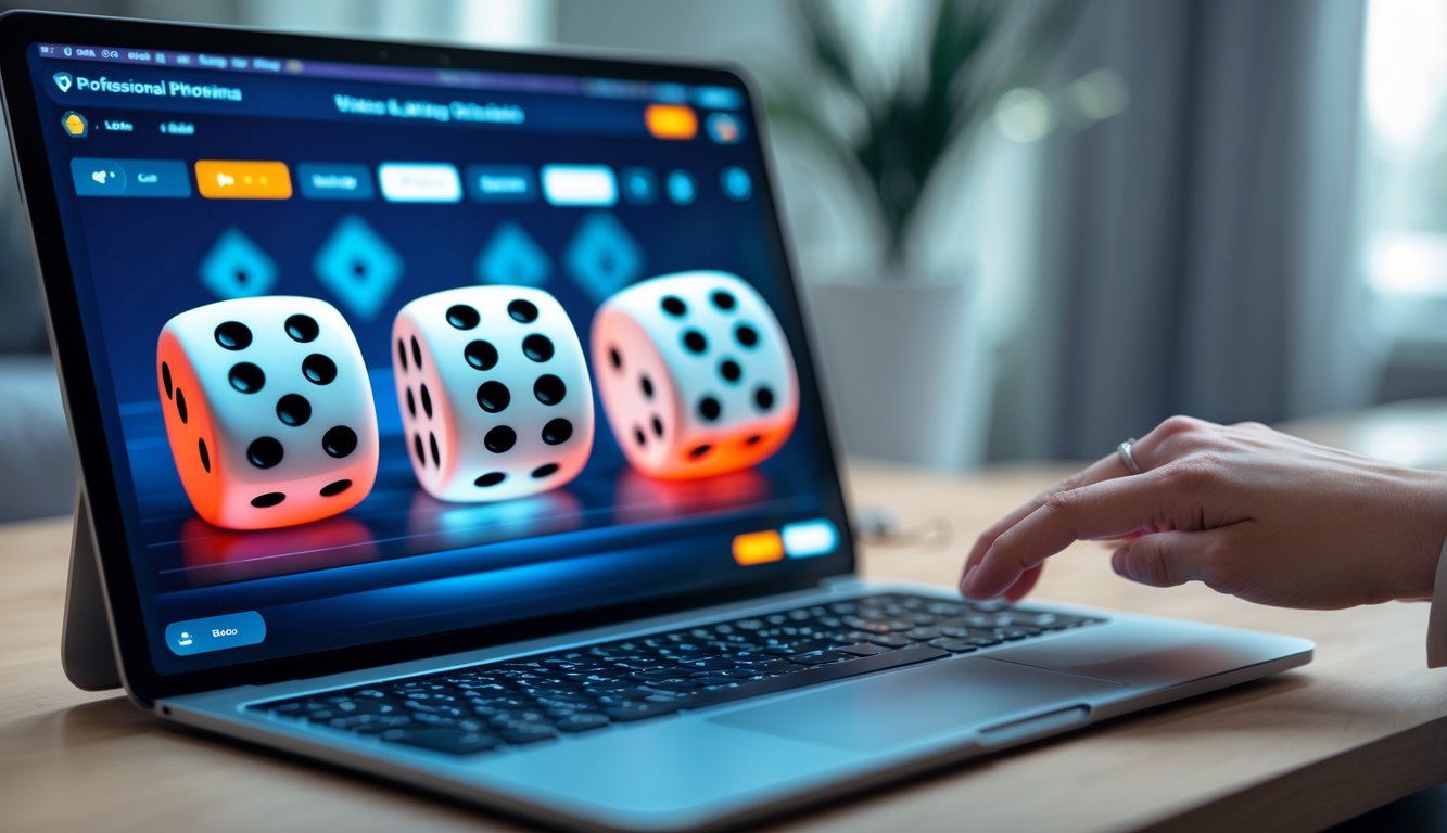 Sebuah perangkat digital menampilkan permainan dadu Sic Bo online dengan dadu yang sedang bergulir di layar.