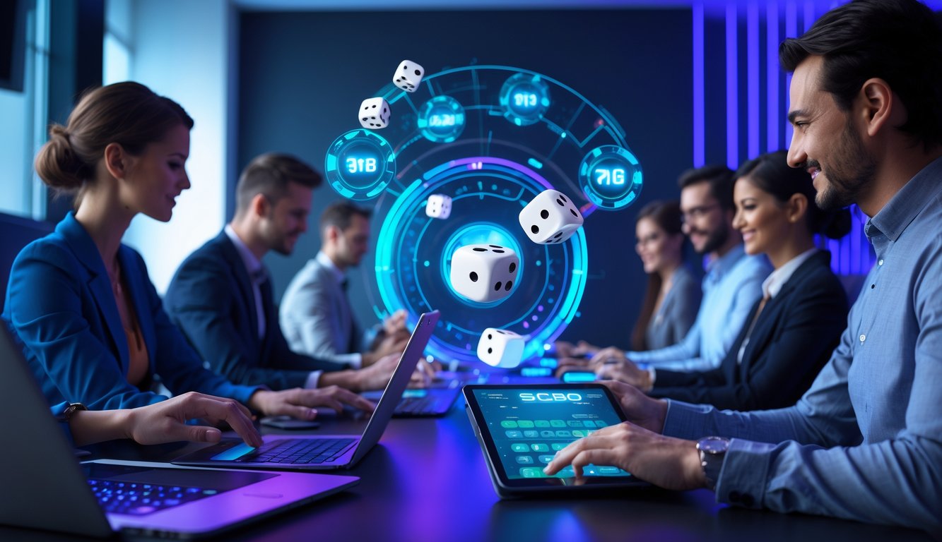 Beberapa orang menggunakan perangkat digital untuk bermain judi Sicbo online di ruangan modern dengan pencahayaan biru dan ungu.